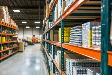 Industrial warehouse with steel shelving and stacked inventory