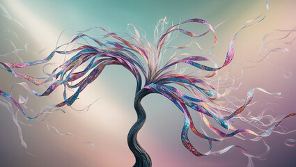 a cinematic photograph of an ethereal, abstract tree with slender, winding branches composed of flowing, vibrant, and intricately patterned colorful ribbons that appear to be dancing in the wind, set 