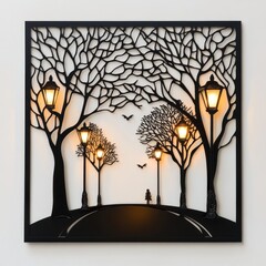 Square black metal wall art depicting a pathway with trees, streetlights, and a person at dusk.