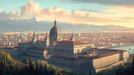 The imposing facade of the basilica di superga overlooking the city of turin, italy. Basilica. Illustration