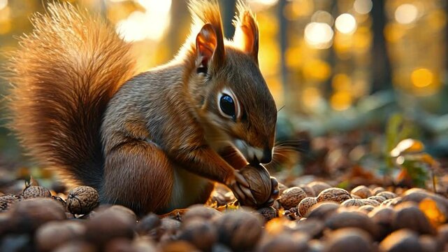 A squirrel gathering nuts, with the woodland blurred in the background to emphasize the creature activity. VDO 4k ProRes