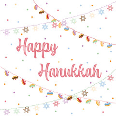 Happy Hanukkah greeting cards with colorful garlands of traditional jelly donuts and stars of David on a starry background vector illustration