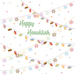 Happy Hanukkah greeting cards with colorful garlands of traditional jelly donuts and stars of David on a starry background vector illustration