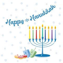 Happy Hanukkah greeting cards with colorful dreidels, jelly donuts and a 9 candle stick candelabra on a starry background vector illustration