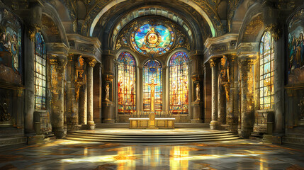 Naklejka premium The interior of a rosary basilica with a stunning stained glass window, stone carvings, st joseph's chapel. Basilica. Illustration