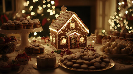 A beautifully lit gingerbread house surrounded by cookies and Christmas treats on a festive table.