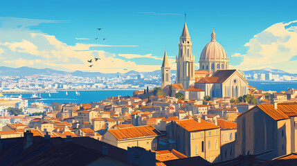 Obraz premium The notre-dame de la garde basilica, standing proudly on the hill overlooking marseille, with panoramic views of the city and sea. Basilica. Illustration