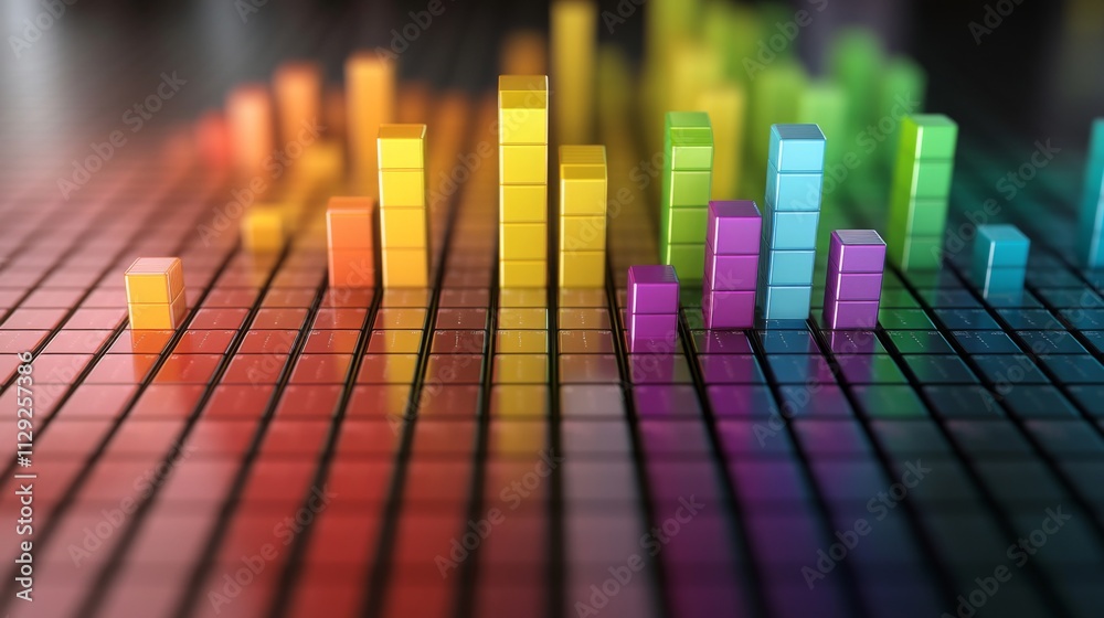 Poster colorful 3d bar graph on dark grid background for data visualization