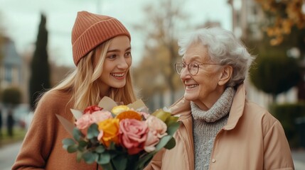 Obraz premium In a lovely neighborhood, a young woman gifts a bouquet to a delighted elderly lady