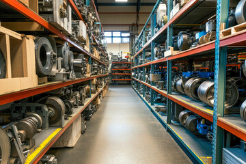 Fototapeta premium Industrial warehouse aisle with metal parts and machinery on shelves