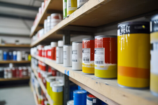Assorted paint cans on wooden shelves in store warehouse