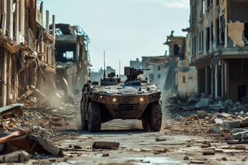 Armored military vehicle navigates through war-torn urban landscape