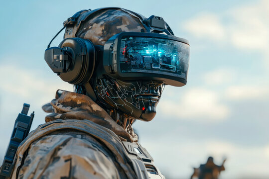 Futuristic cybernetic soldier in combat gear with virtual reality helmet - Powered by Adobe