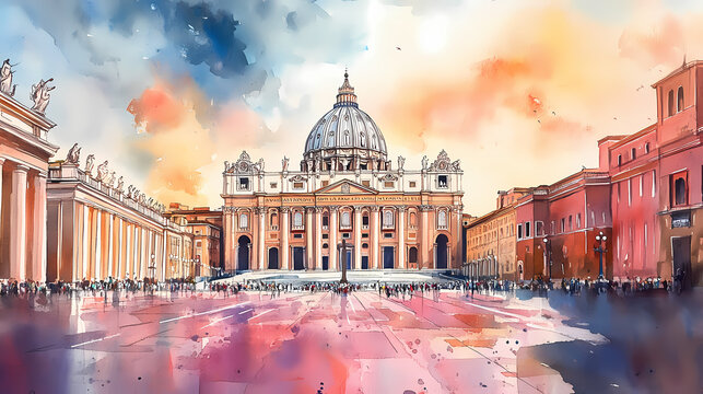 Watercolor painting of st peter s basilica rome italy. Basilica. Illustration