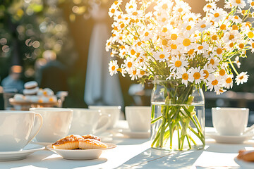 galentines day brunch, a table adorned with dainty teacups, pastries, and a vase of daisies awaits a cozy galentines day brunch