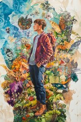Fototapeta premium Person amidst vibrant floral, insect collage.