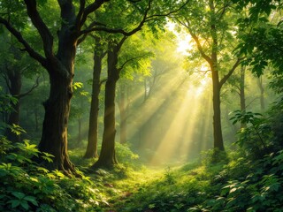 Obraz premium Mystical forest illuminated by golden sunlight filtering through dense canopy during serene morning hours