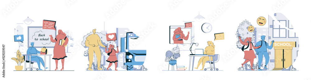 Aufkleber back to school concept set in flat design for web. collection with people studying at classes, pupil