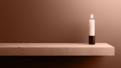 A single lit candle gently illuminates a modern tabletop in mocha mousse color on copy space background, trendy modern hue shade tone