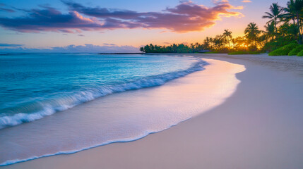 Obraz premium Tranquil sunset over tropical beach with gentle waves and palm trees