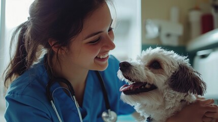 In a warm veterinary clinic, a young nurse beams as she lovingly interacts with a playful dog, radiating happiness and compassion during a busy day
