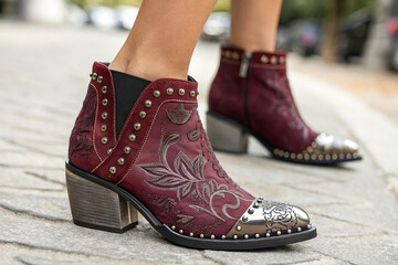 Naklejka premium Maroon Etched Metal Toe Chunky Heel Western Booties for Women