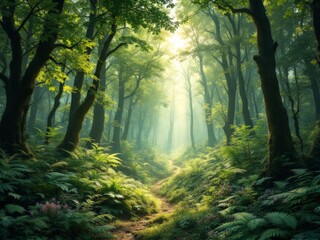 Obraz premium Light filters through a lush forest, illuminating a winding path in a serene, green paradise during early morning hours