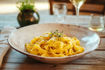 Delicious plate of tagliatelle pasta with fresh herbs and parmesan on wooden table