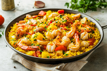 Colorful seafood paella with shrimp and vegetables in skillet