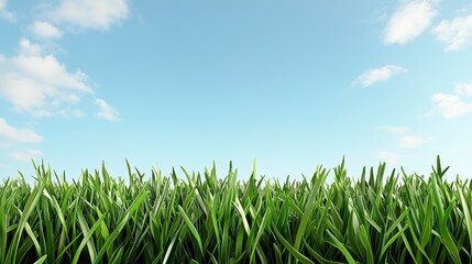 Fototapeta premium Lush Green Grass Field Under a Bright Blue Sky with Soft White Clouds in a Beautiful Daylight Scene Capturing the Essence of Nature and Tranquility