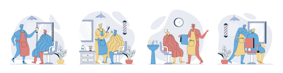Barbershop concept set in flat design for web. Collection with people getting professional haircut, barber styling beard, hairdressers shaving mustaches, doing care procedures. Vector illustrations.