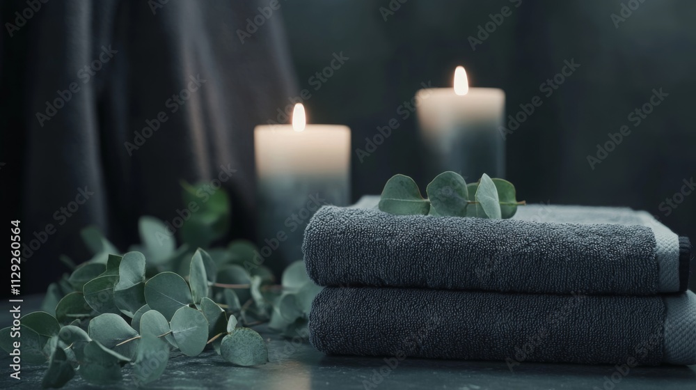 Poster Soft gray towels are neatly stacked on a dark surface, surrounded by eucalyptus leaves and glowing candles.