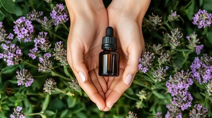 Flower and herbal extract in hands. Selective focus.