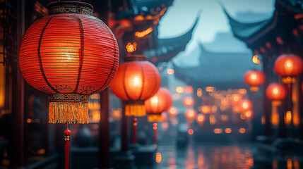 Red Lanterns in Chinese Courtyard