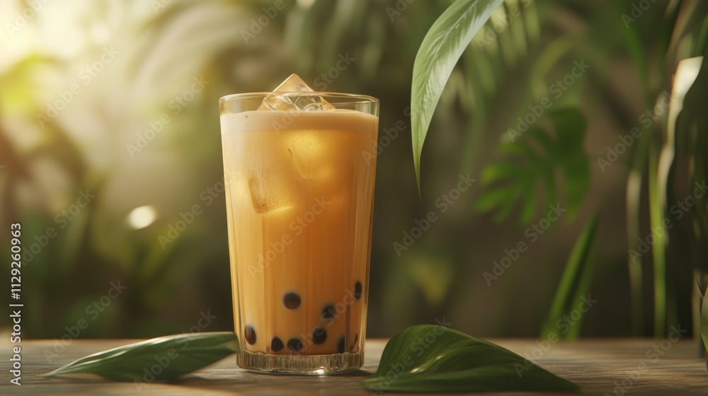 Poster refreshing iced tea beverage with tapioca pearls in tropical setting