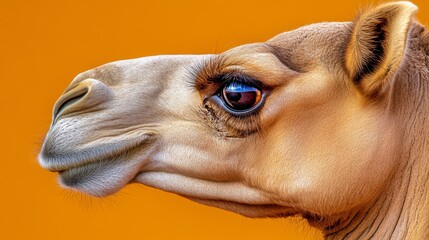 Obraz premium Majestic Camel Portrait Against Vibrant Orange Background, Capturing the Grace and Strength of This Iconic Desert Animal in Stunning Detail and Clarity