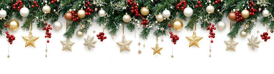 christmas festive holiday decoration with a border of pine branches, red berries, and various Christmas ornaments in red, white, and silver hues. The decorations hang from the top, l	