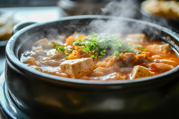 Spicy korean kimchi stew with tofu in a black pot