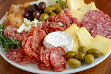 Delicious charcuterie board with salami, cheese, and olives