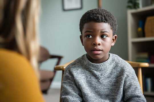 African american boy on psychological consultation in doctors office. Teacher or parent talking with child. Education for kids with autism. Photo 