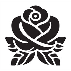 Simple black-and-white graphic silhouette of a rose on a white background Graphic of a rose flower
