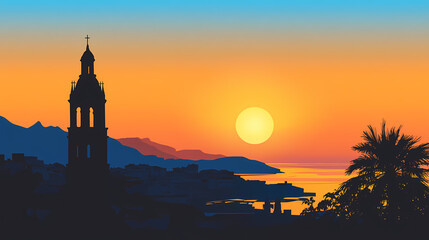 Silhouette of st sebastian basilica steeple in ferla sicily at sunset. Basilica. Illustration