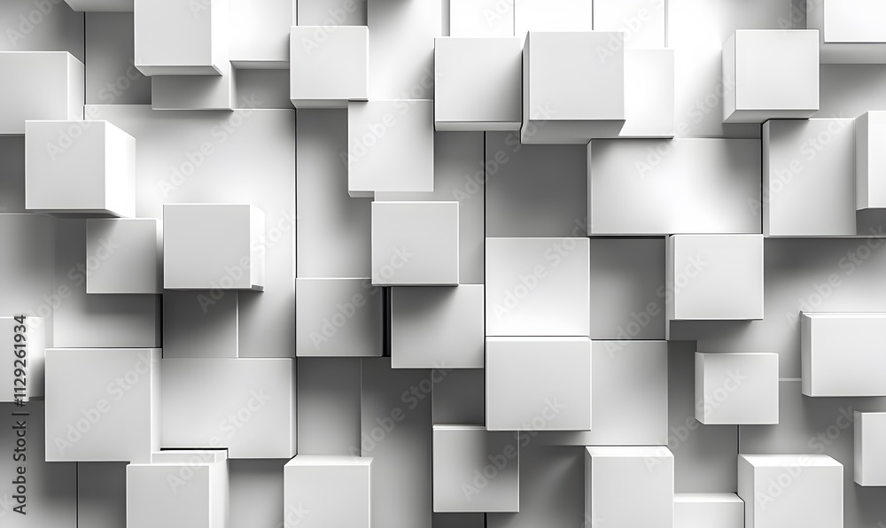 Poster an image of randomly shifted white cubes creating a sense of depth and dimensionality
