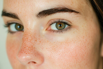 Fototapeta premium Close-up of caucasian female's freckled face with green eyes