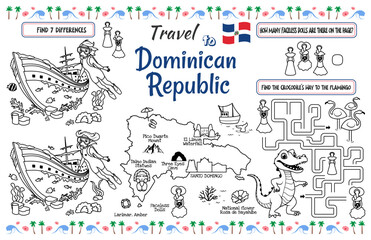 A fun placemat for kids. Printable “Travel to Dominican Republic” activity sheet with a labyrinth and find the differences. 17x11 inch printable vector file