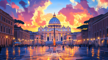Fototapeta premium St. peter's basilica at sunset in rome. Basilica. Illustration
