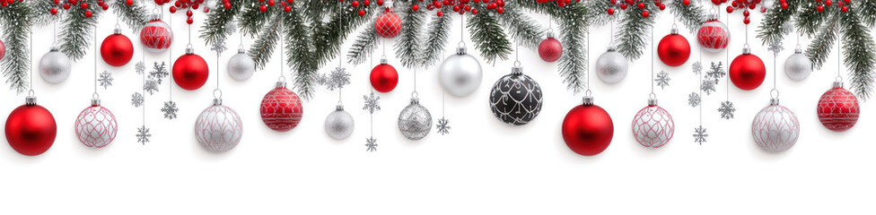 christmas festive holiday decoration with a border of pine branches, red berries, and various Christmas ornaments in red, white, and silver hues. The decorations hang from the top, l	