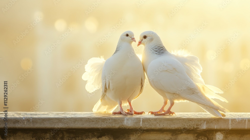 Poster Elegant White Doves Displaying Affection in Soft Golden Light