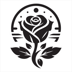 Graphic black silhouette of a rose symbol for a decorative garden flower