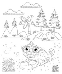 Chameleon coloring  page for kids and adults.  Funny Chameleon coloring book page for children.